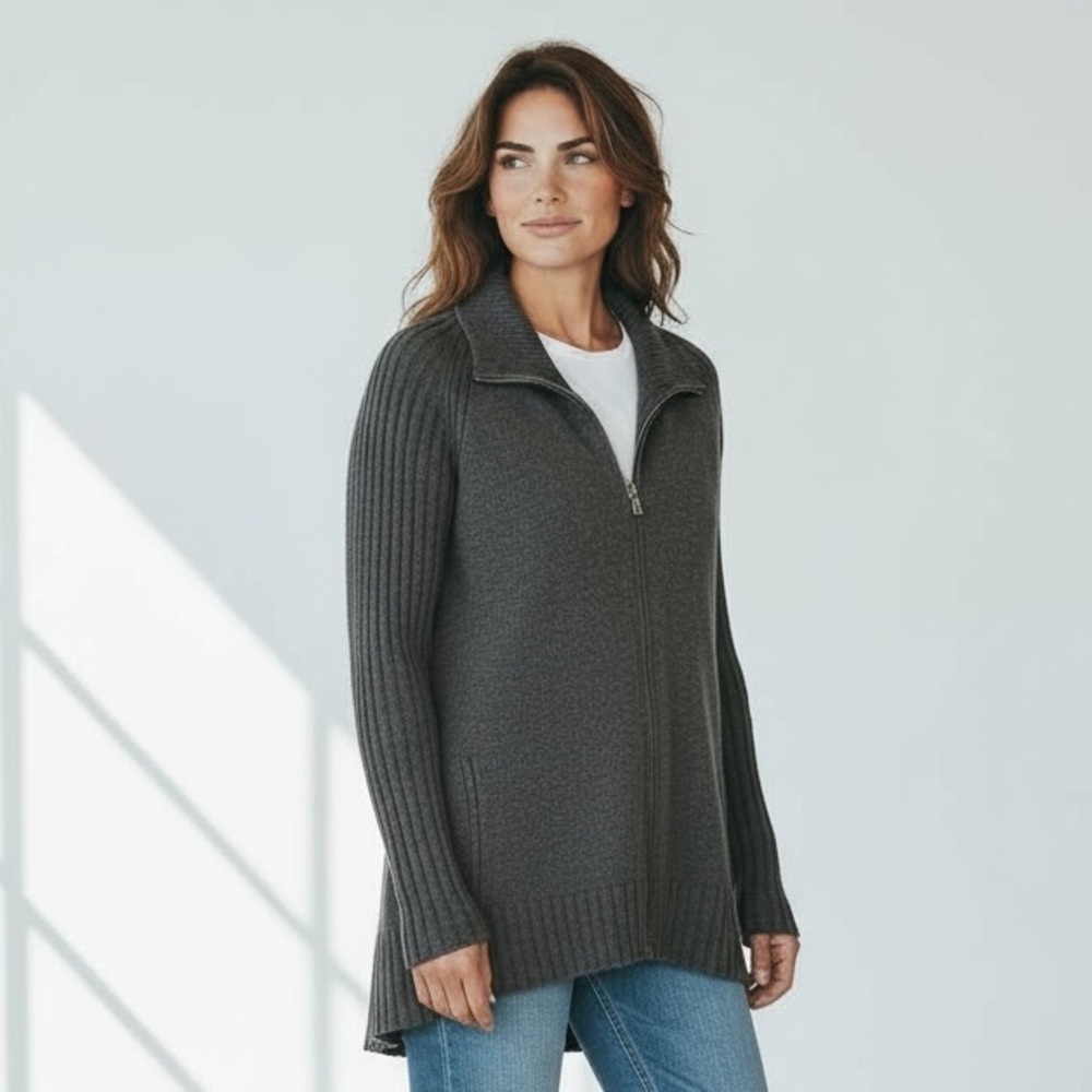 Eileen Fisher 100% Merino Wool Charcoal Gray Zip Up Sweater